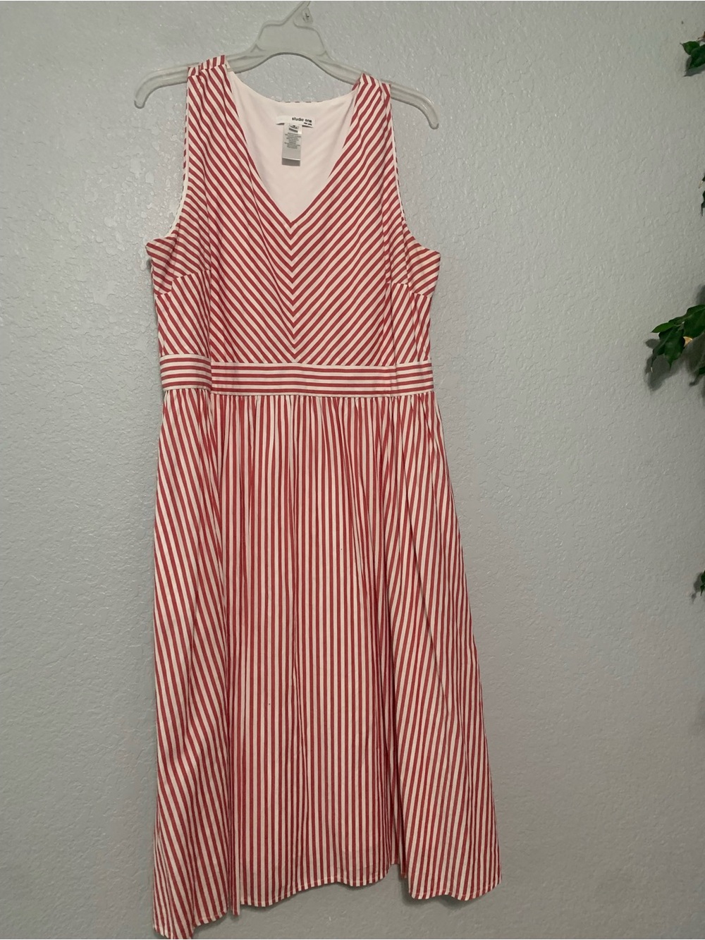 Studio One Red & White Striped V‑Neck A-Line Dress